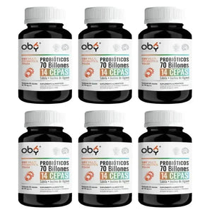 Pack de 6 frascos: OBY Multi Probioticos 70 Billones de 14 Cepas + Prebioticos Inulina de Agave + Sabila Fast Bundle