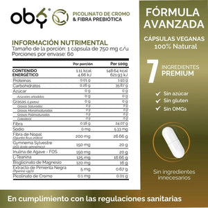 *Picolinato Cromo + Fibra de Nopal con Magnesio, L Teanina, Gymnema, Inulina y Piperina (60 cápsulas) oby.mx