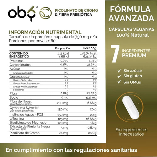 *Picolinato Cromo + Fibra de Nopal con Magnesio, L Teanina, Gymnema, Inulina y Piperina (60 cápsulas) oby.mx