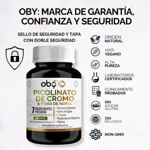 *Picolinato Cromo + Fibra de Nopal con Magnesio, L Teanina, Gymnema, Inulina y Piperina (60 cápsulas) oby.mx