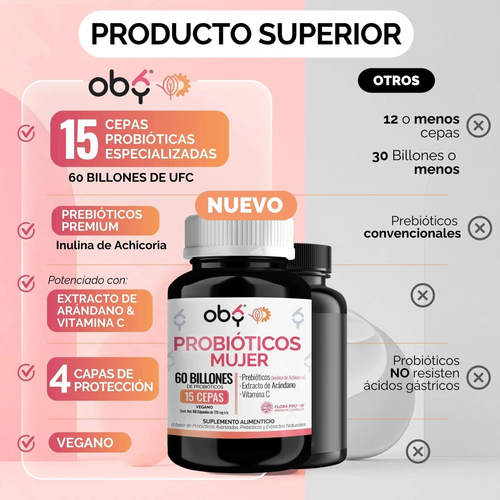 Probióticos Mujer 60 Billones 15 Cepas 60 cápsulas oby.mx
