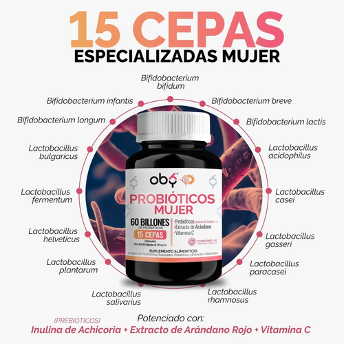 Probióticos Mujer 60 Billones 15 Cepas 60 cápsulas oby.mx