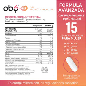 Probióticos Mujer 60 Billones 15 Cepas 60 cápsulas oby.mx