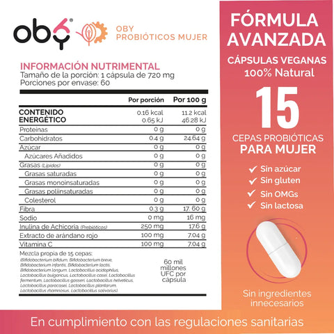 Probióticos Mujer 60 Billones 15 Cepas 60 cápsulas oby.mx