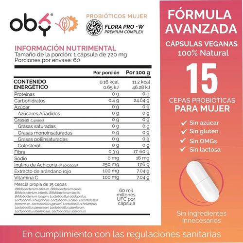 Probióticos Mujer 60 Billones 15 Cepas 60 cápsulas oby.mx