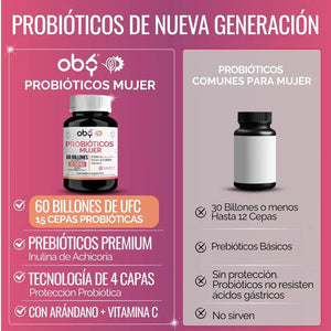 Probióticos Mujer 60 Billones 15 Cepas 60 cápsulas oby.mx