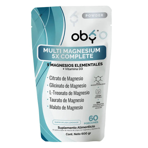 Oby Multi Magnesio Polvo 5X Complete 600 gr | 5 tipos de Magnesios + Vitamina D3 | Citrato y Glicinato oby.mx