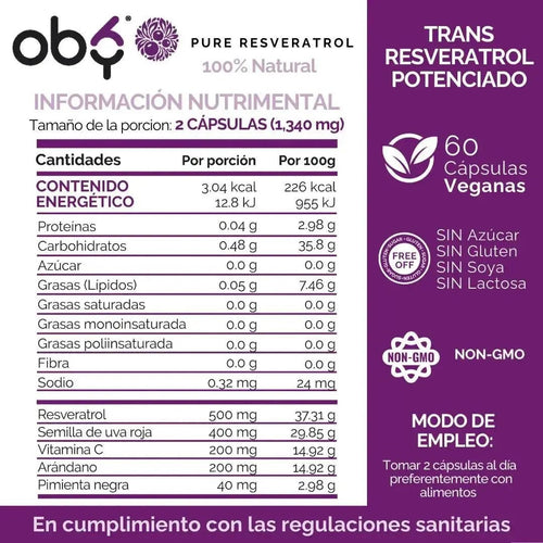 OBY Pure Resveratrol con Antioxidantes: Semilla de Uva, Vitamina C, Arándano y Pimienta Negra | 60 caps oby.mx