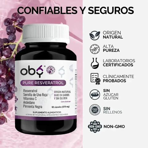 OBY Pure Resveratrol con Antioxidantes: Semilla de Uva, Vitamina C, Arándano y Pimienta Negra | 60 caps oby.mx