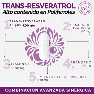 *Trans Resveratrol 100% Puro con Alto Contenido Polifenoles (180 cápsulas) oby.mx