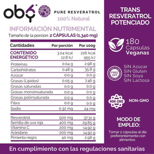 *Trans Resveratrol 100% Puro con Alto Contenido Polifenoles (180 cápsulas) oby.mx