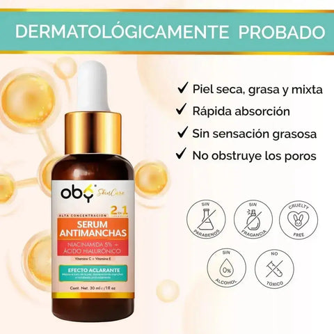 Serum facial Aclarante Antimanchas 2 en 1 | Niacinamida 5%, Acido Hialurónico, Vitamina C, Vitamina E oby.mx