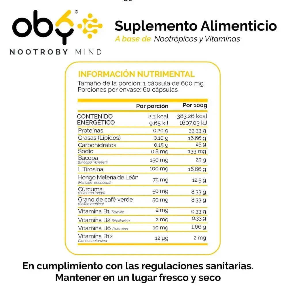 Pack Nootrópicos, Melena de Leon, Bacopa, L-Tirosina, Cúrcuma y Vitamina B12, B1, B2, B6 | OBY Nootroby Mind oby.mx