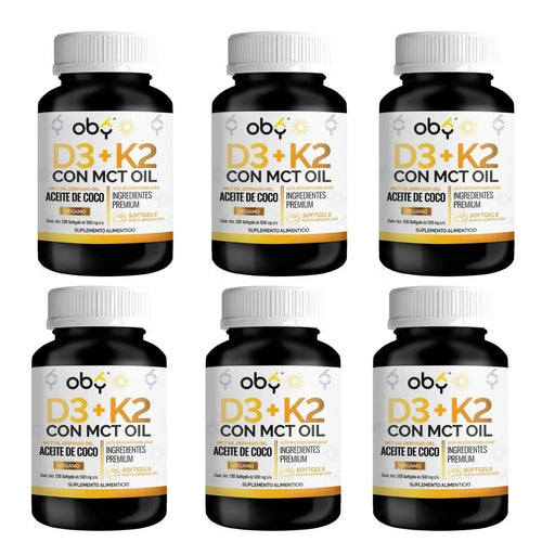 Pack de 6 frascos: OBY Vitamina D3 + K2 con MCT Oil | 120 Softgels Fast Bundle