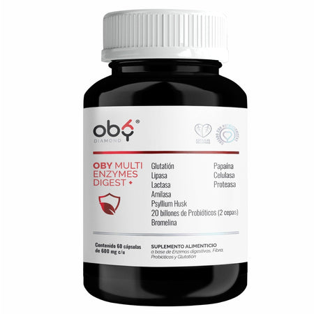 Oby Multi Enzymes Digest: 7 tipos de Enzimas Digestivas, Glutation, Probioticos y Fibra. 60 capsulas