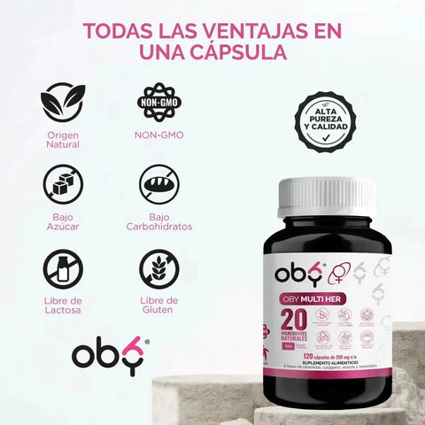 OBY MULTI HER Multivitaminico MUJER, 20 Vitaminas, Minerales y Nutrientes. 120 CAPS oby.mx