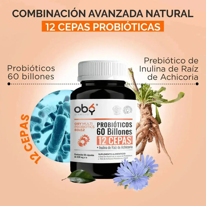 Oby MULTI Probioticos 60 Billones 12 Cepas Diferentes + Prebioticos inulina raiz achicoria + Fibra oby.mx