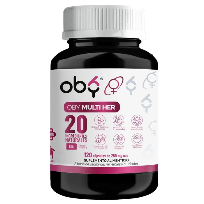 OBY MULTI HER Multivitaminico MUJER, 20 Vitaminas, Minerales y Nutrientes. 120 CAPS oby.mx