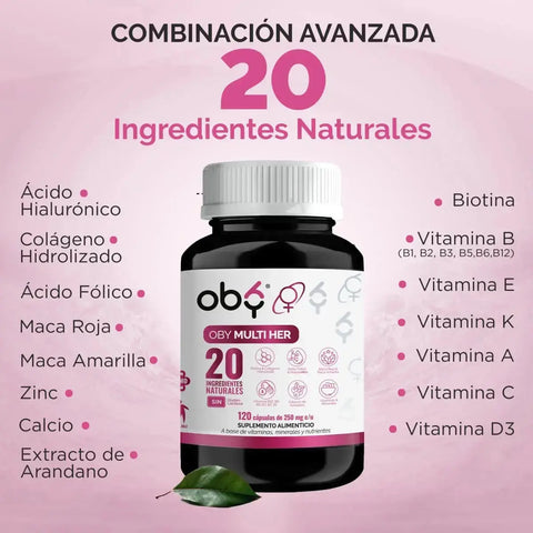 OBY MULTI HER Multivitaminico MUJER, 20 Vitaminas, Minerales y Nutrientes. 120 CAPS oby.mx