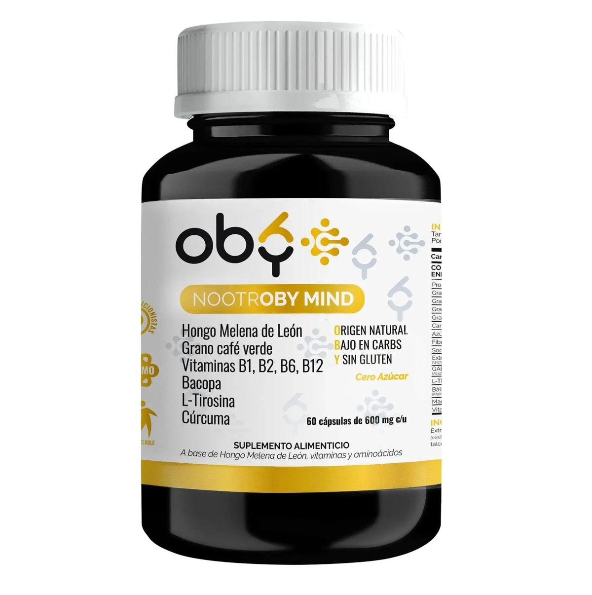 Pack Nootrópicos, Melena de Leon, Bacopa, L-Tirosina, Cúrcuma y Vitamina B12, B1, B2, B6 | OBY Nootroby Mind oby.mx